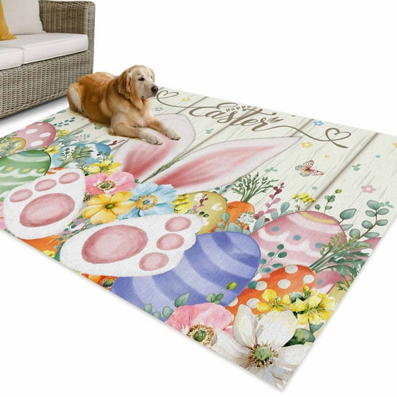 Outdoor Rug 3x5 ft Bunny Ears Easter Waterproof Outdoor Patio Rug Mat Non Slip Outside Area Rugs Carpet for RV,Camping,Porch,Deck,Pool,Balconybackyard,Pastel Color Easter Eggs Spring Floral Yellow