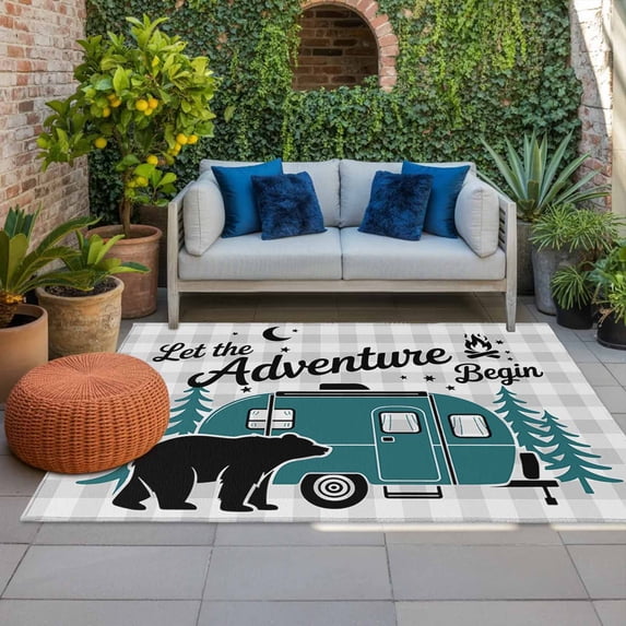 Outdoor Rug 3x5 ft Camper Van Bear Outdoor Large Area Rug Non Slip Rubber Let The Adventure Begin Moon Plaid Front Door Mat RV Rug Carpet Patio Outdoor Rugs for Backyard Balcony Deck Porch Indoor