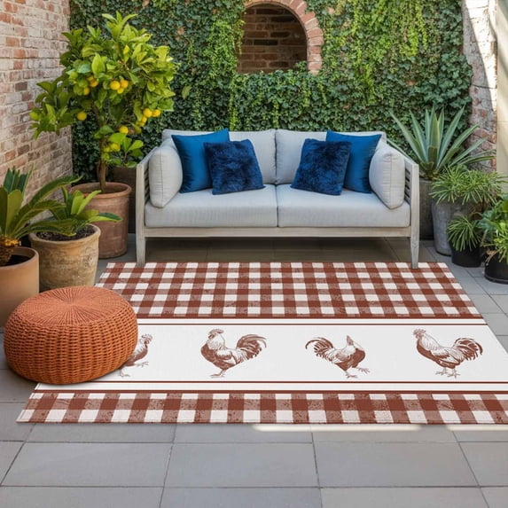 Outdoor Rug 3x5 ft Chicken Cock Rooster Outdoor Large Area Rug Non Slip Farmhouse Animal Red Buffalo Plaid Front Door Mat RV Rug Carpet Patio Outdoor Rugs for Backyard Balcony Deck Porch Indoor
