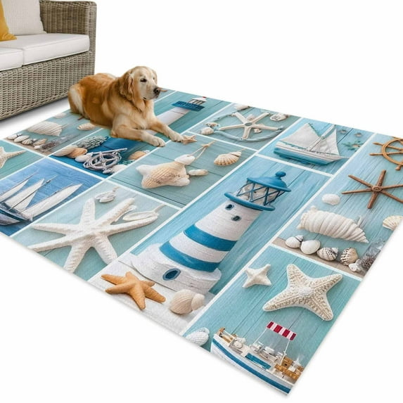 Outdoor Rug 3x5 ft Coastal Nautical Waterproof Outdoor Patio Rug Mat Non Slip Outside Area Rugs Carpet for RV,Camping,Porch,Deck,Pool,Balconybackyard,Beach Anchor Lighthouse Starfish Blue
