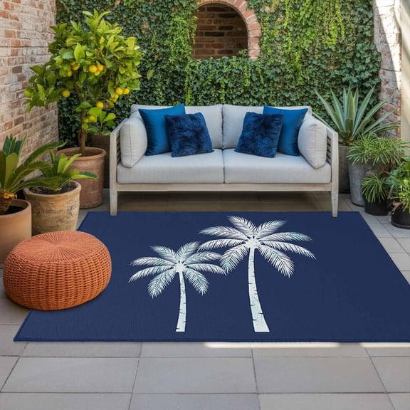 Outdoor Rug 3x5 ft Coconut Palm Tree Outdoor Large Area Rug Non Slip Rubber Navy Blue Tropical Summer Beach Front Door Mat RV Rug Camping Carpet Patio Outdoor Rugs for Backyard Balcony Deck Porch
