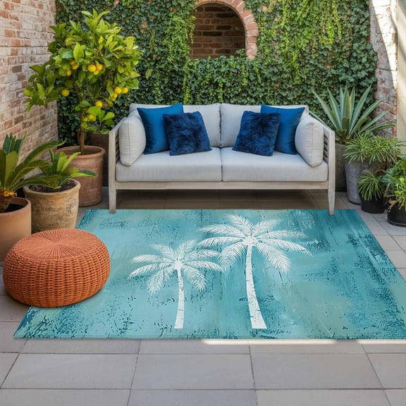 Outdoor Rug 3x5 ft Coconut Palm Tree Outdoor Large Area Rug Non Slip Rubber Teal Tropical Summer Beach Front Door Mat RV Rug Camping Carpet Patio Outdoor Rugs for Backyard Balcony Deck Porch Indoor