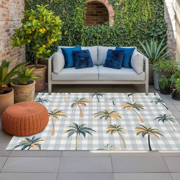 Outdoor Rug 3x5 ft Coconut Palm Trees Outdoor Large Area Rug Non Slip Rubber Grey Buffalo Plaid Front Door Mat RV Rug Camping Carpet Patio Outdoor Rugs for Backyard Balcony Deck Porch Indoor