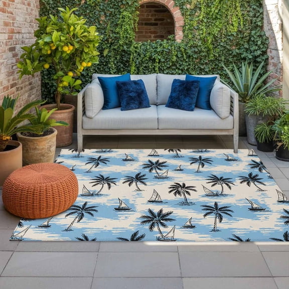 Outdoor Rug 3x5 ft Coconut Palm Trees Outdoor Large Area Rug Non Slip Rubber Sailing Surfing Vacation Front Door Mat RV Rug Camping Carpet Patio Outdoor Rugs for Backyard Balcony Deck Porch Indoor