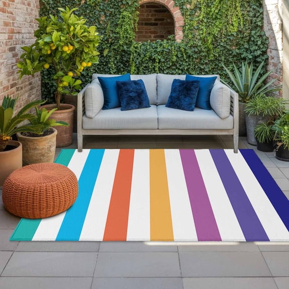 Outdoor Rug 3x5 ft Colorful Stripes Outdoor Large Area Rug Non Slip Rubber Simple Striped Front Door Mat RV Rug Camping Carpet Patio Outdoor Rugs for Backyard Balcony Deck Porch Indoor