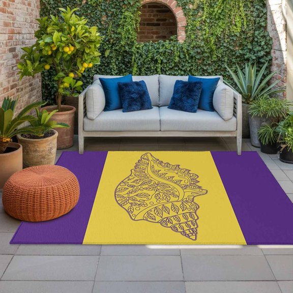 Outdoor Rug 3x5 ft Conch Outdoor Large Area Rug Non Slip Rubber Purple Yellow Stripes Lines Front Door Mat RV Rug Camping Carpet Patio Outdoor Rugs for Backyard Balcony Deck Porch Indoor