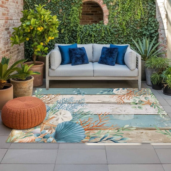 Outdoor Rug 3x5 ft Coral Seagrass Outdoor Large Area Rug Non Slip Rubber Eucalyptus Starfish Shell Teal Wood Front Door Mat RV Rug Carpet Patio Outdoor Rugs for Backyard Balcony Deck Porch Indoor