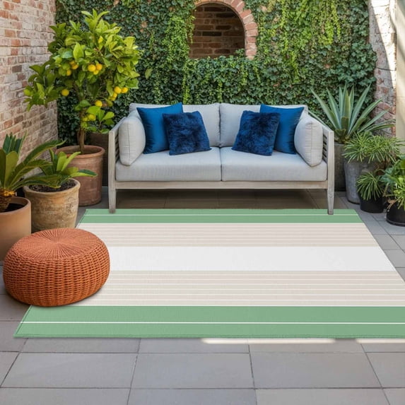 Outdoor Rug 3x5 ft Cream Striped Outdoor Large Area Rug Non Slip Rubber Ombre Green Stripes Front Door Mat RV Rug Camping Carpet Patio Outdoor Rugs for Backyard Balcony Deck Porch Indoor
