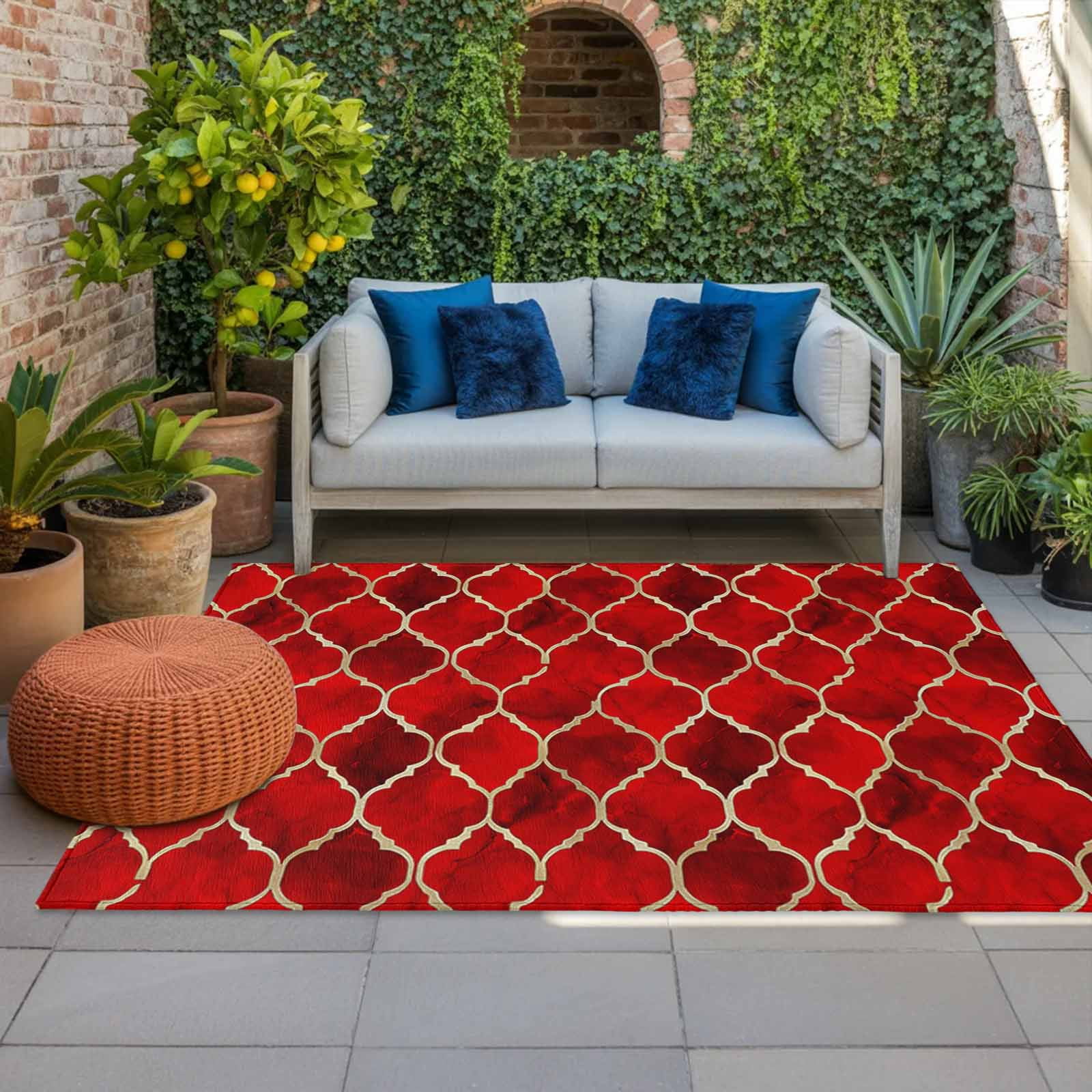 Outdoor Rug 3x5 ft Deep Red Marble Outdoor Large Area Rug Non Slip Rubber Lattice Modern Art Front Door Mat RV Rug Camping Carpet Patio Outdoor Rugs for Backyard Balcony Deck Porch Indoor