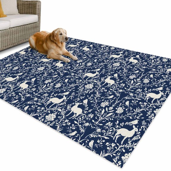 Outdoor Rug 3x5 ft Deer Animal Waterproof Outdoor Patio Rug Mat Non Slip Outside Area Rugs Carpet for RV,Camping,Porch,Deck,Pool,Balcony,Backyard, Bird Flower Blue