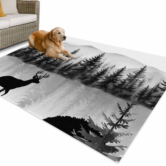 Outdoor Rug 3x5 ft Deer Waterproof Outdoor Patio Rug Mat Non Slip Outside Area Rugs Carpet for RV,Camping,Porch,Deck,Pool,Balcony,Backyard, Animal Mount Forest Silhouette