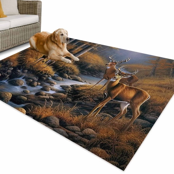 Outdoor Rug 3x5 ft Fall Forest Rustic Deer Waterproof Outdoor Patio Rug Mat Non Slip Outside Area Rugs Carpet for RV,Camping,Porch,Deck,Pool,Balconybackyard,Nature Creeks Rock