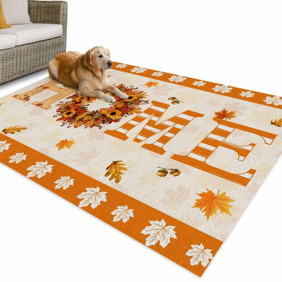 Outdoor Rug 3x5 ft Fall Thanksgiving HOME Sign Waterproof Outdoor Patio Rug Mat Non Slip Outside Area Rugs Carpet for RV,Camping,Porch,Deck,Pool,Balconybackyard,Farmhouse Orange Pumpkin Maple Leaf