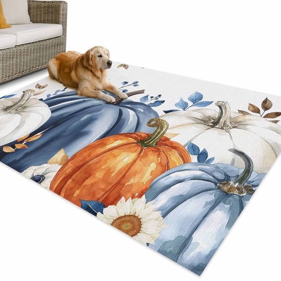 Outdoor Rug 3x5 ft Fall Thanksgiving Waterproof Outdoor Patio Rug Mat Non Slip Outside Area Rugs Carpet for RV,Camping,Porch,Deck,Pool,Balconybackyard,White Orange Blue Pumpkin Floral Leaf