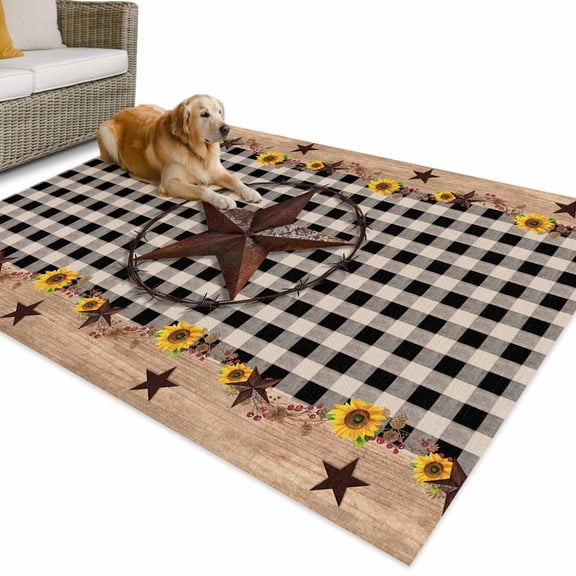 Outdoor Rug 3x5 ft Farmhouse Barn Star Waterproof Outdoor Patio Rug Mat Non Slip Outside Area Rugs Carpet for RV,Camping,Porch,Deck,Pool,Balconybackyard,Vintage Wood Texture Sunflower Brown