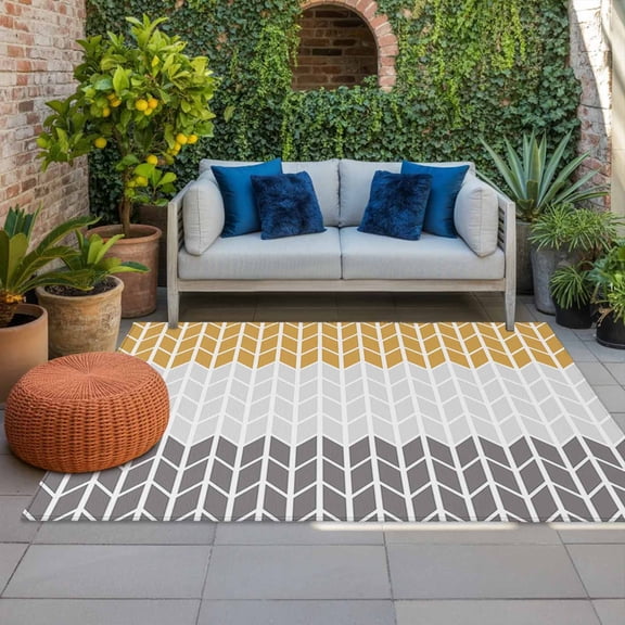 Outdoor Rug 3x5 ft Geometric Chevron Orange Outdoor Large Area Rug Non Slip Rubber Orange Grey Stripes Front Door Mat RV Rug Camping Carpet Patio Outdoor Rugs for Backyard Balcony Deck Porch Indoor