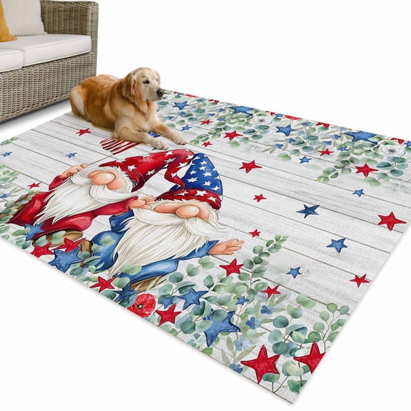 Outdoor Rug 3x5 ft Gnomes 4th of July Waterproof Outdoor Patio Rug Mat Non Slip Outside Area Rugs Carpet for RV,Camping,Porch,Deck,Pool,Balconybackyard,Patriotic Stars Eucalyptus Leaf Farmhouse