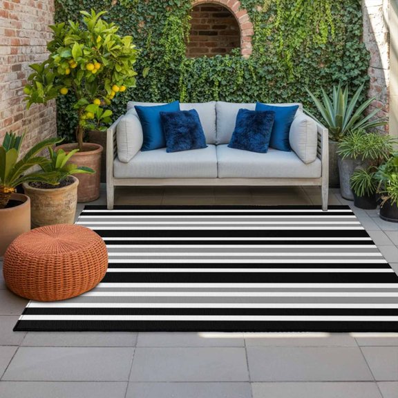 Outdoor Rug 3x5 ft Gray Black Stripes Outdoor Large Area Rug Non Slip Rubber Contrast Striped Front Door Mat RV Rug Camping Carpet Patio Outdoor Rugs for Backyard Balcony Deck Porch Indoor