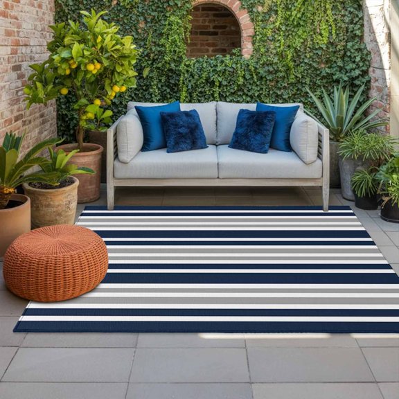Outdoor Rug 3x5 ft Gray Striped Outdoor Large Area Rug Non Slip Rubber Navy Blue Contrast Stripes Front Door Mat RV Rug Camping Carpet Patio Outdoor Rugs for Backyard Balcony Deck Porch Indoor