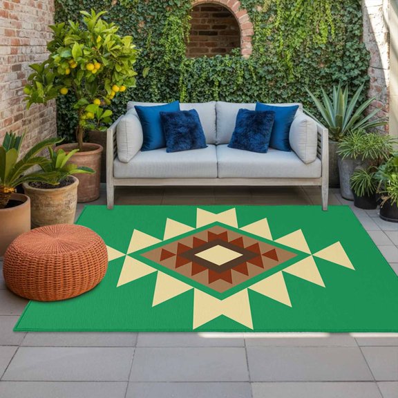 Outdoor Rug 3x5 ft Green Aztec Outdoor Large Area Rug Non Slip Rubber Boho Western Tribal Pattern Front Door Mat RV Rug Camping Carpet Patio Outdoor Rugs for Backyard Balcony Deck Porch Indoor