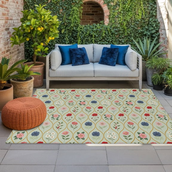 Outdoor Rug 3x5 ft Green Bloom Flower Plaid Outdoor Large Area Rug Non Slip Rubber Elegant Garden Spring Flower Front Door Mat RV Rug Carpet Patio Outdoor Rugs for Backyard Balcony Deck Porch