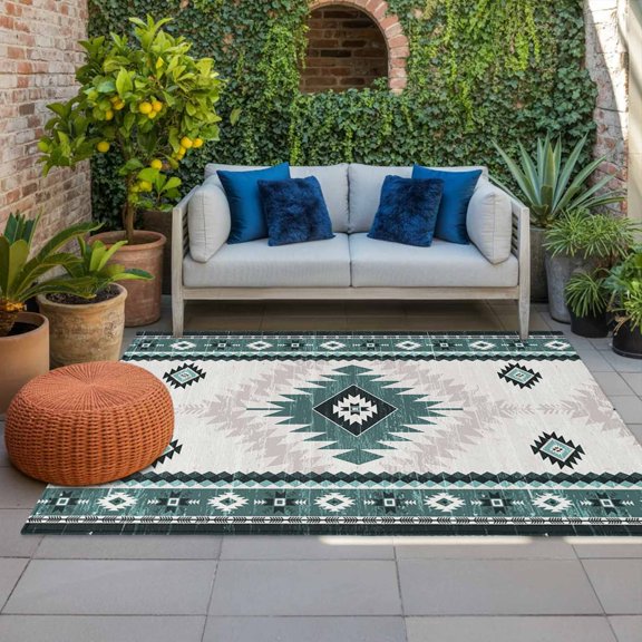 Outdoor Rug 3x5 ft Green Bohemian Outdoor Large Area Rug Non Slip Rubber Aztec Boho Tribal Front Door Mat RV Rug Camping Carpet Patio Outdoor Rugs for Backyard Balcony Deck Porch Indoor
