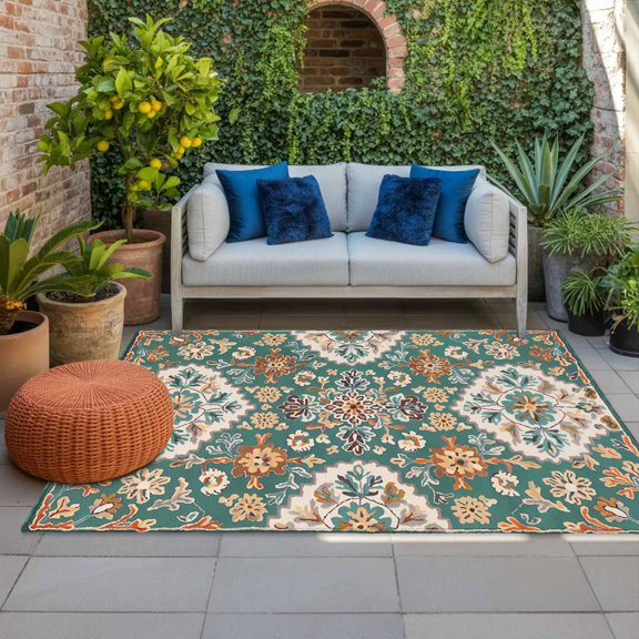 Outdoor Rug 3x5 ft Green Boho Flower Outdoor Large Area Rug Non Slip Rubber Bohemian Tribe Style Front Door Mat RV Rug Camping Carpet Patio Outdoor Rugs for Backyard Balcony Deck Porch Indoor