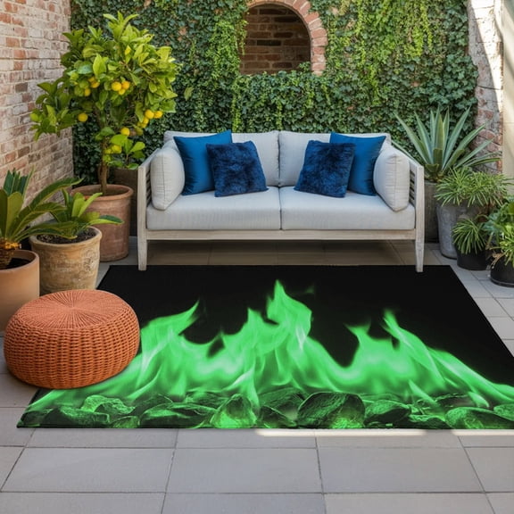 Outdoor Rug 3x5 ft Green Flames Outdoor Large Area Rug Non Slip Rubber Burning Embers Ethereal Fire Front Door Mat RV Rug Camping Carpet Patio Outdoor Rugs for Backyard Balcony Deck Porch Indoor