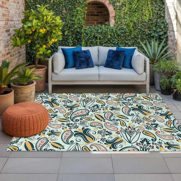 Outdoor Rug 3x5 ft Green Flower Outdoor Large Area Rug Non Slip Rubber Abstract Retro Floral Front Door Mat RV Rug Camping Carpet Patio Outdoor Rugs for Backyard Balcony Deck Porch Indoor