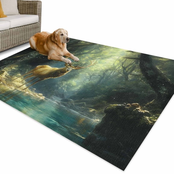 Outdoor Rug 3x5 ft Green Forest Deer Waterproof Outdoor Patio Rug Mat Non Slip Outside Area Rugs Carpet for RV,Camping,Porch,Deck,Pool,Balcony,Backyard, Fantasy Country