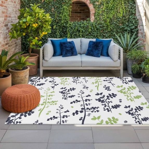 Outdoor Rug 3x5 ft Green Leaves Outdoor Large Area Rug Non Slip Rubber Blue Leaf Branches Plants Front Door Mat RV Rug Camping Carpet Patio Outdoor Rugs for Backyard Balcony Deck Porch Indoor