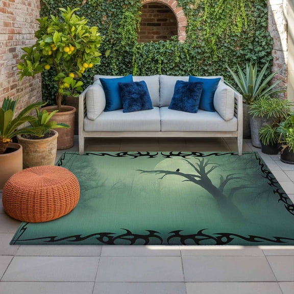 Outdoor Rug 3x5 ft Green Misty Forest Outdoor Large Area Rug Non Slip Rubber Moon Crow Bare Tree Front Door Mat RV Rug Camping Carpet Patio Outdoor Rugs for Backyard Balcony Deck Porch Indoor