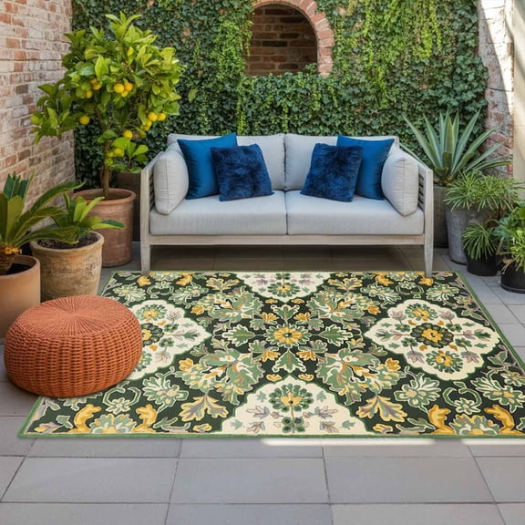 Outdoor Rug 3x5 ft Green Yellow Boho Flower Outdoor Large Area Rug Non Slip Rubber Bohemian Tribe Style Front Door Mat RV Rug Camping Carpet Patio Outdoor Rugs for Backyard Balcony Deck Porch Indoor