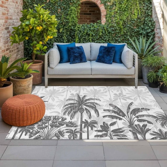 Outdoor Rug 3x5 ft Grey Tortoise Palm Tree Outdoor Large Area Rug Non Slip Rubber Tropical Plants Front Door Mat RV Rug Camping Carpet Patio Outdoor Rugs for Backyard Balcony Deck Porch Indoor