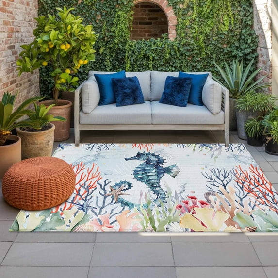 Outdoor Rug 3x5 ft Hippocampus Outdoor Large Area Rug Non Slip Ocean Marine Life Starfish Jellyfish Coral Seaweed Front Door Mat RV Rug Carpet Patio Outdoor Rugs for Backyard Balcony Porch Indoor