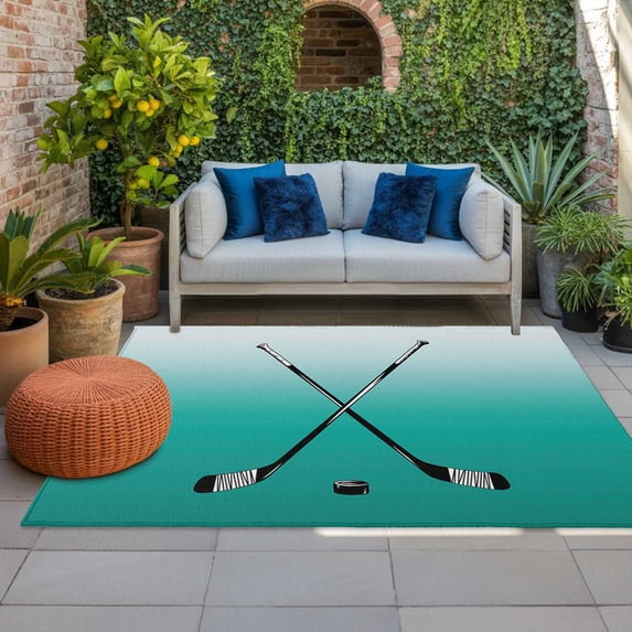 Outdoor Rug 3x5 ft Hockey Player Outdoor Large Area Rug Non Slip Rubber Sports Ground Ombre Turquoise Front Door Mat RV Rug Camping Carpet Patio Outdoor Rugs for Backyard Balcony Deck Porch Indoor