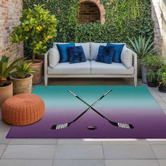 Outdoor Rug 3x5 ft Hockey Player Outdoor Large Area Rug Non Slip Rubber Sports Ground Ombre Turquoise Purple Front Door Mat RV Rug Carpet Patio Outdoor Rugs for Backyard Balcony Deck Porch Indoor