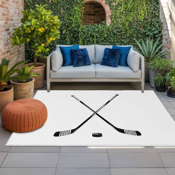 Outdoor Rug 3x5 ft Hockey Player Outdoor Large Area Rug Non Slip Rubber Sports Ground White Front Door Mat RV Rug Camping Carpet Patio Outdoor Rugs for Backyard Balcony Deck Porch Indoor
