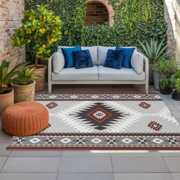 Outdoor Rug 3x5 ft Jujube Gray Bohemian Outdoor Large Area Rug Non Slip Rubber Aztec Boho Tribal Style Front Door Mat RV Rug Camping Carpet Patio Outdoor Rugs for Backyard Balcony Deck Porch Indoor