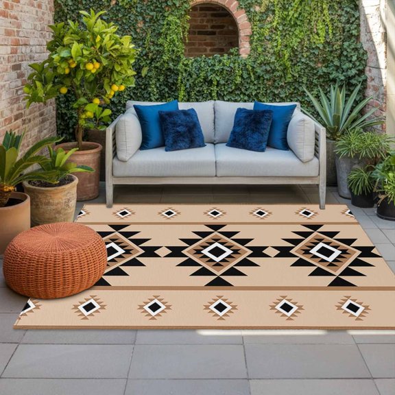 Outdoor Rug 3x5 ft Khaki Aztec Outdoor Large Area Rug Non Slip Rubber Western Tribal Pattern Front Door Mat RV Rug Camping Carpet Patio Outdoor Rugs for Backyard Balcony Deck Porch Indoor