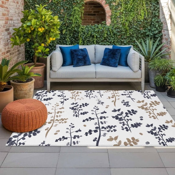 Outdoor Rug 3x5 ft Khaki Leaves Outdoor Large Area Rug Non Slip Rubber Blue Leaf Branches Plants Front Door Mat RV Rug Camping Carpet Patio Outdoor Rugs for Backyard Balcony Deck Porch Indoor
