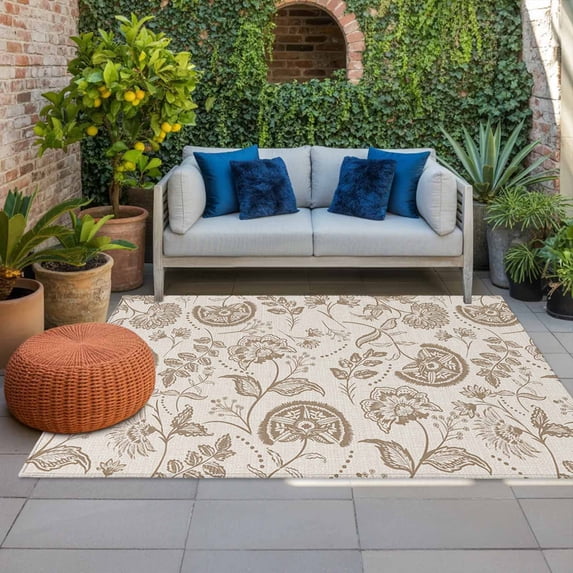 Outdoor Rug 3x5 ft Khaki Pastoral Flowers Outdoor Large Area Rug Non Slip Rubber Farmhouse Floral Front Door Mat RV Rug Camping Carpet Patio Outdoor Rugs for Backyard Balcony Deck Porch Indoor