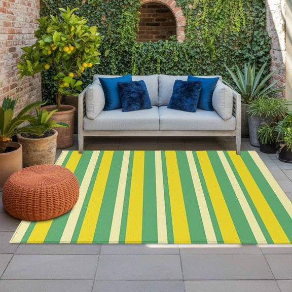 Outdoor Rug 3x5 ft Lemon Yellow Green Stripes Outdoor Large Area Rug Non Slip Rubber Vertical Striped Front Door Mat RV Rug Camping Carpet Patio Outdoor Rugs for Backyard Balcony Deck Porch Indoor