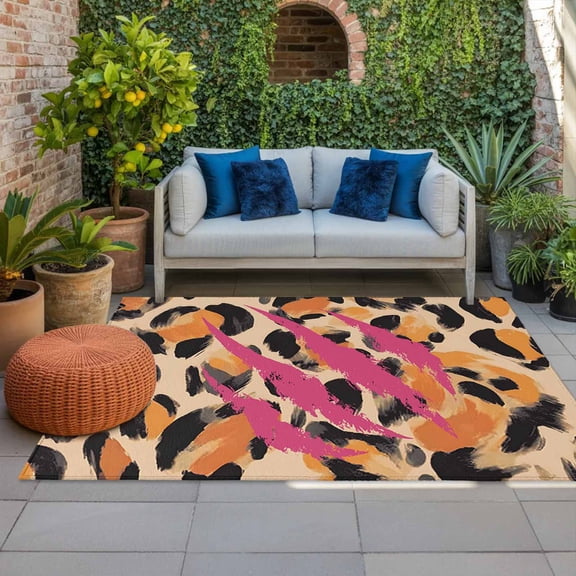 Outdoor Rug 3x5 ft Leopard Print Outdoor Large Area Rug Non Slip Rubber Pink Modern Cool Animal Claw Marks Front Door Mat RV Rug Camping Carpet Patio Outdoor Rugs for Backyard Balcony Deck Porch