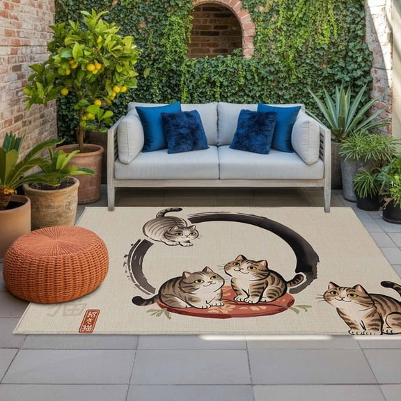 Outdoor Rug 3x5 ft Lucky Cat Outdoor Large Area Rug Non Slip Rubber Cute Japanese Style Linen Front Door Mat RV Rug Camping Carpet Patio Outdoor Rugs for Backyard Balcony Deck Porch Indoor