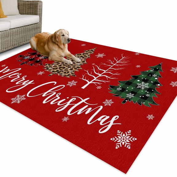 Outdoor Rug 3x5 ft Merry Christmas Vintage Waterproof Outdoor Patio Rug Mat Non Slip Outside Area Rugs Carpet for RV,Camping,Porch,Deck,Pool,Balconybackyard,Christmas Tree Leopard Print Red Snow