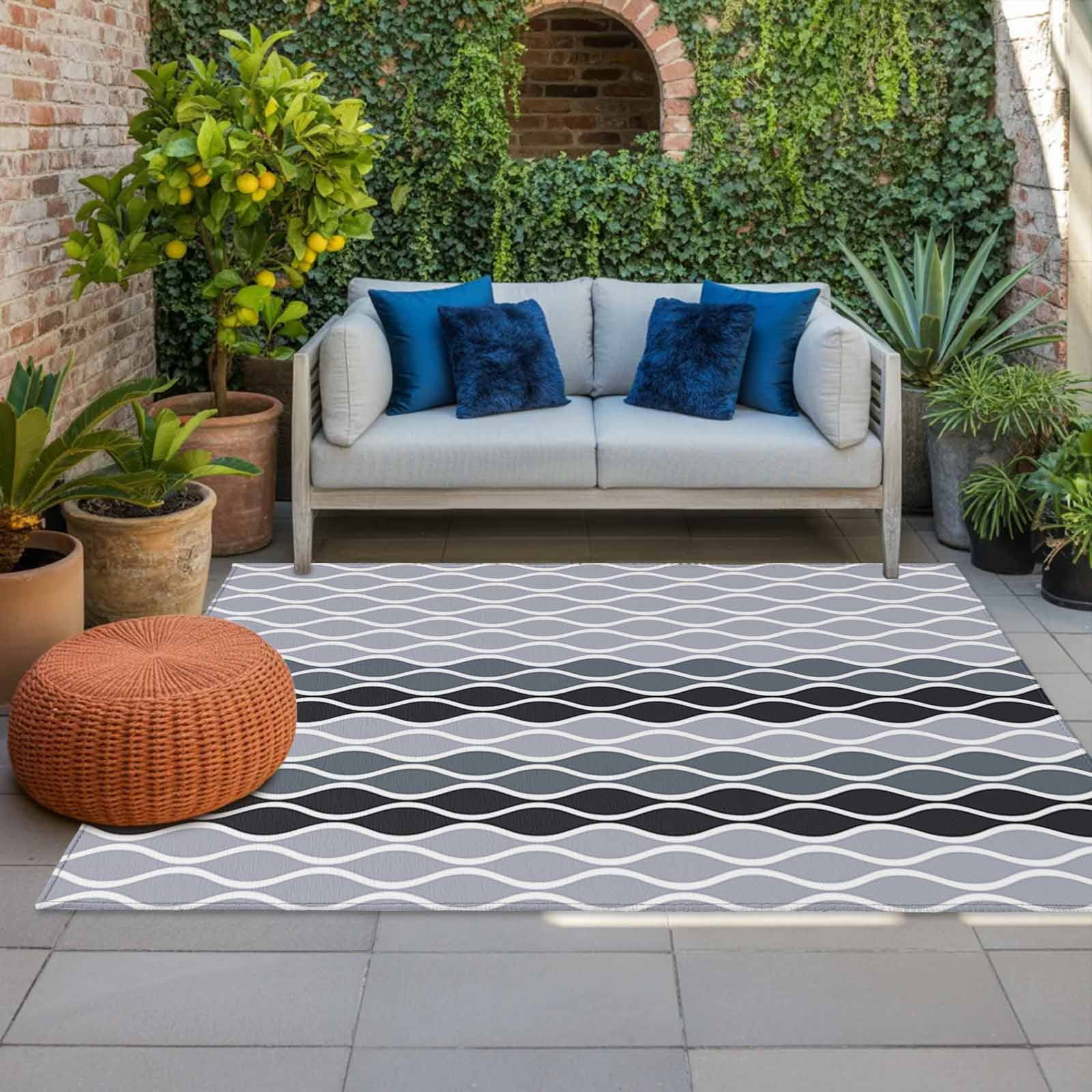 Outdoor Rug 3x5 ft Moroccan Ombre Grey Outdoor Large Area Rug Non Slip Rubber Abstract Wave Lines Front Door Mat RV Rug Camping Carpet Patio Outdoor Rugs for Backyard Balcony Deck Porch Indoor