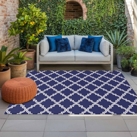 Outdoor Rug 3x5 ft Moroccan Pattern Outdoor Large Area Rug Non Slip Rubber Geometric Trellis Navy Blue Front Door Mat RV Rug Camping Carpet Patio Outdoor Rugs for Backyard Balcony Deck Porch Indoor