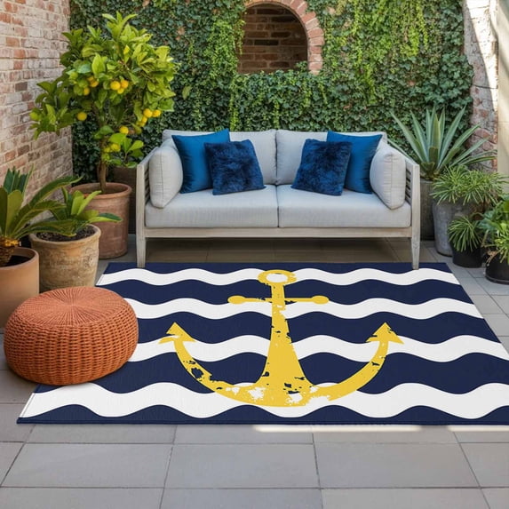 Outdoor Rug 3x5 ft Nautical Anchor Outdoor Large Area Rug Non Slip Rubber Blue and White Wave Stripes Front Door Mat RV Rug Camping Carpet Patio Outdoor Rugs for Backyard Balcony Deck Porch Indoor