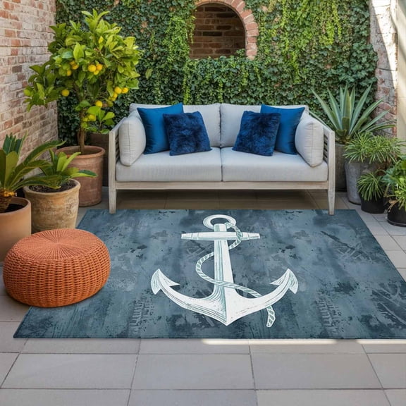 Outdoor Rug 3x5 ft Nautical Anchor Outdoor Large Area Rug Non Slip Rubber Rustic Blue Coastal Front Door Mat RV Rug Camping Carpet Patio Outdoor Rugs for Backyard Balcony Deck Porch Indoor